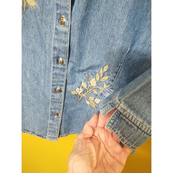 VTG 90s Classic Elements Crop 3/4 Slv Button Up Floral Embroider Denim Shirt SP - Picture 2 of 6